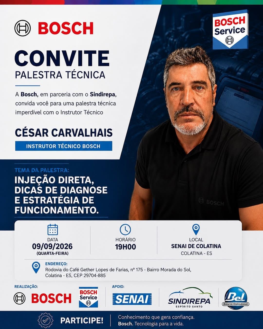 Convite da palestra técnica Bosch no SENAI de Colatina