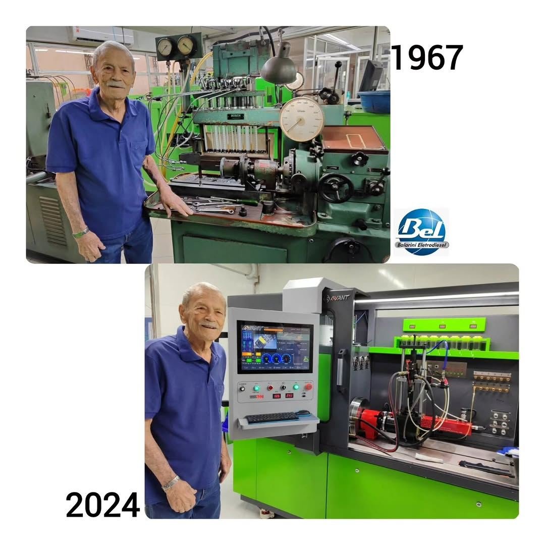 Sr. Argemiro Balarini com a bancada de 1967 e com a nova bancada de 2024